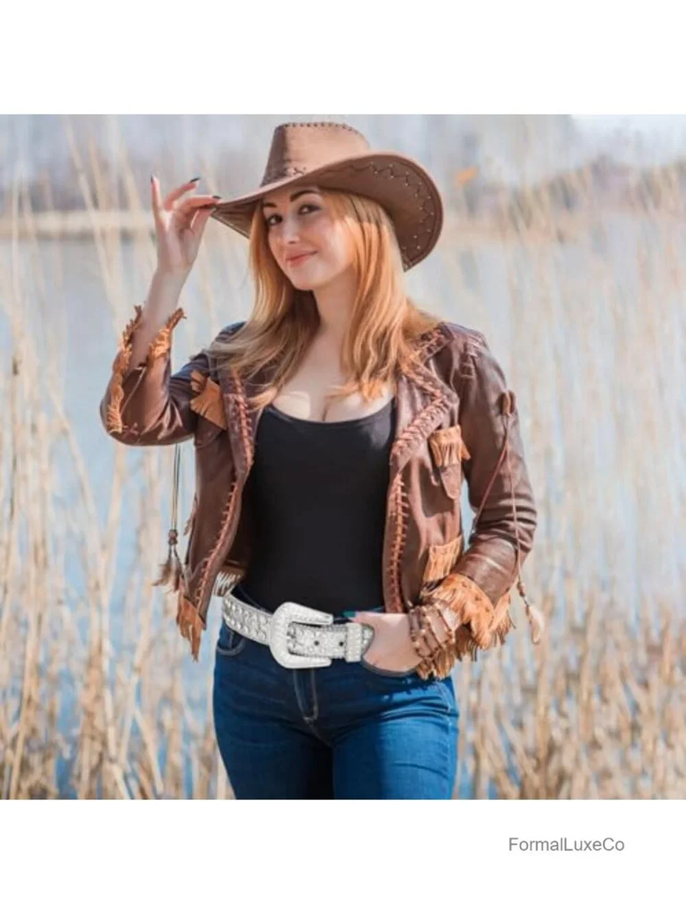 Genuine Leather Rhinestone Studded Belt for Jeans with Silver Buckle